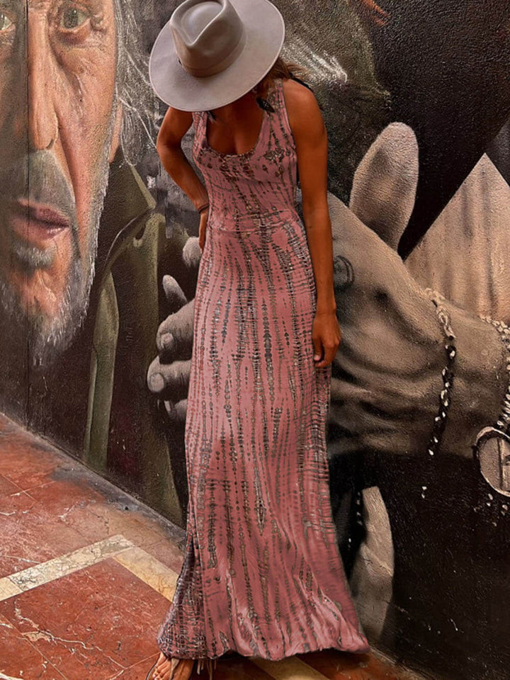 Vestido largo elástico con cordones y espalda con estampado