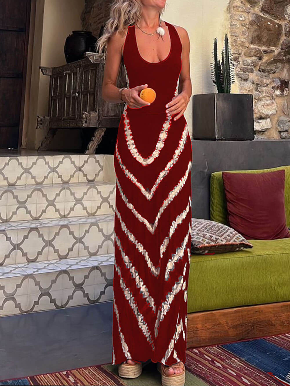 Vestido largo elástico con lazo y estampado de ondas