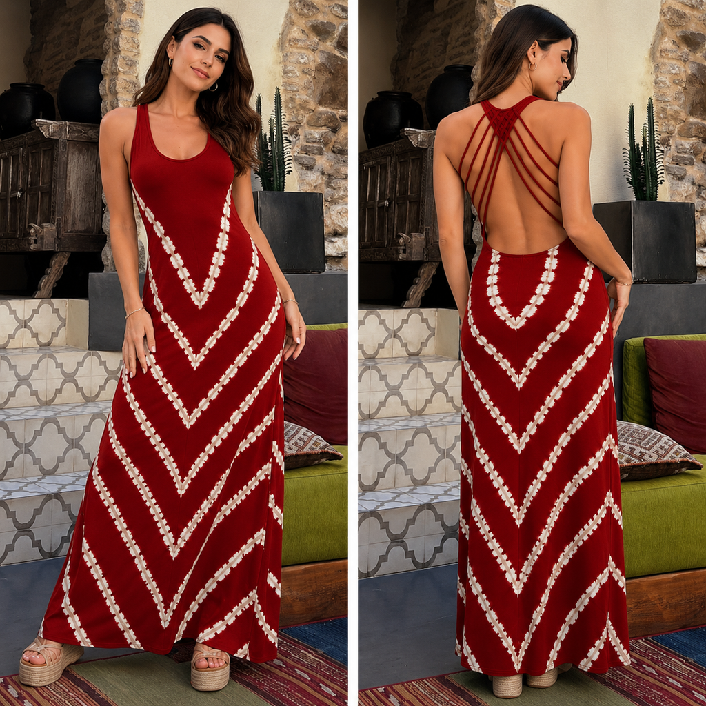 Vestido largo elástico con lazo y estampado de ondas