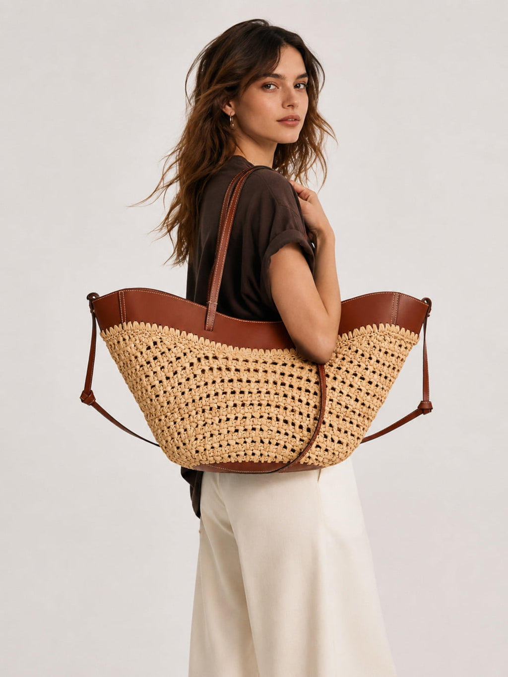 Bolso tote de paja con asas de cuero Sorrente