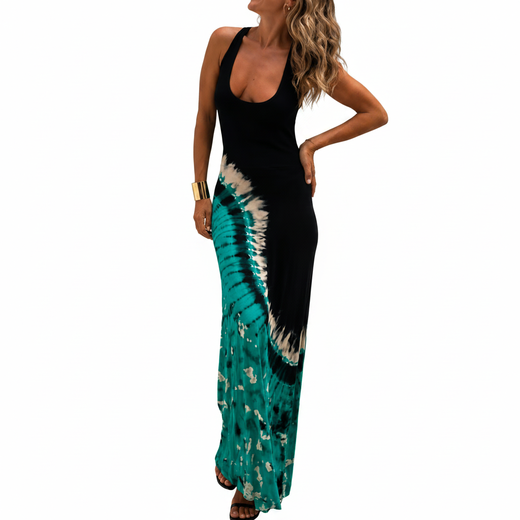 Vestido largo con espalda elástica y estampado