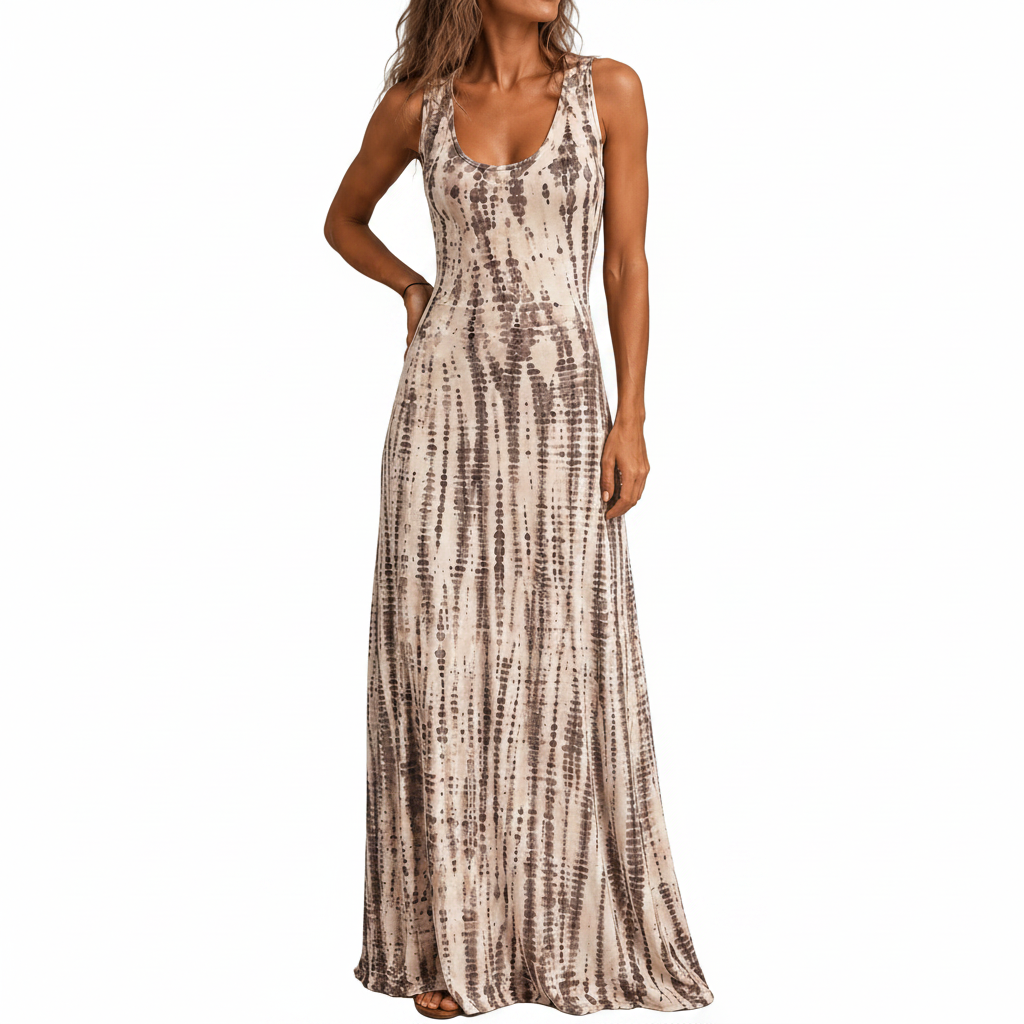Vestido largo elástico con cordones y espalda con estampado